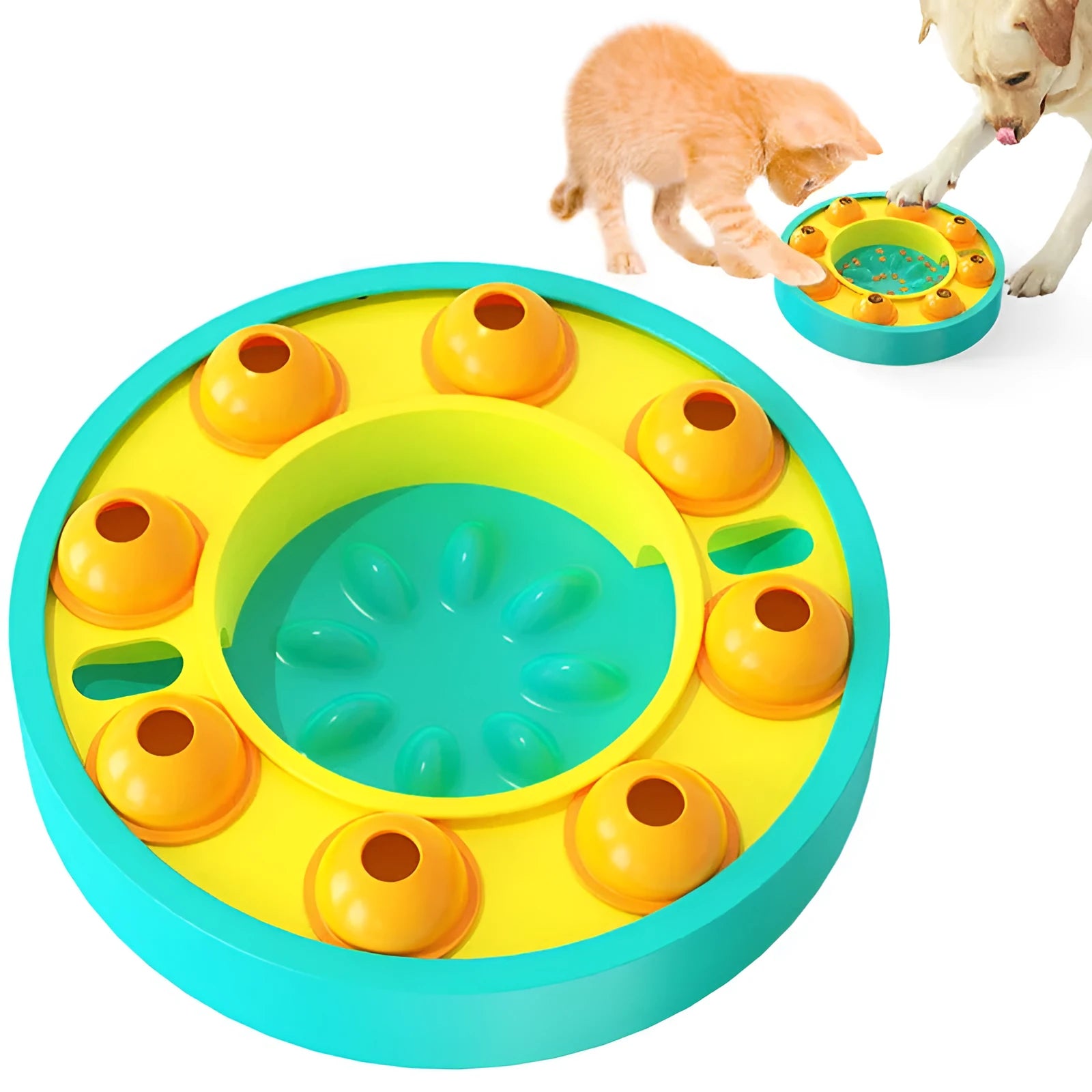 Interactive dog puzzle slow feeder toy with spinning turntable and non-slip base in lake blue colour