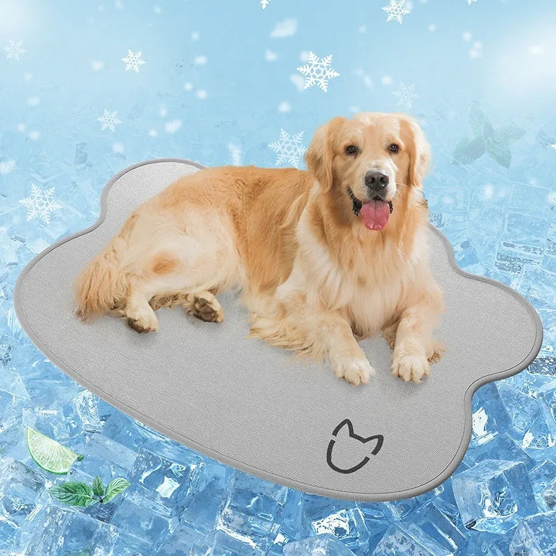Ice silk dog cooling mat with dog head pattern in light grey on a wooden floor