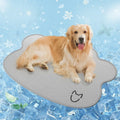 Ice silk dog cooling mat with dog head pattern in light grey on a wooden floor