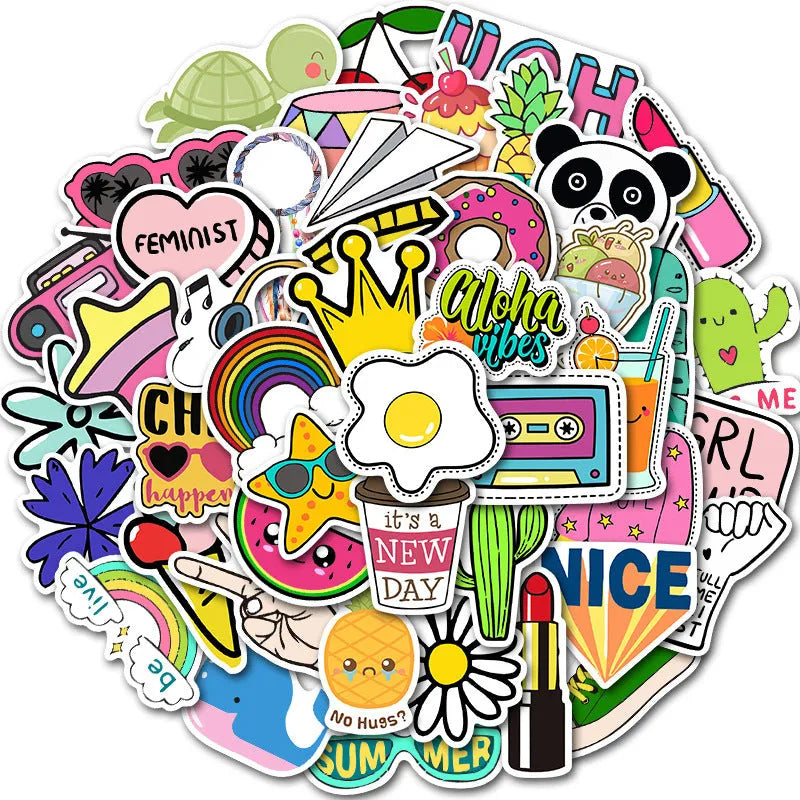 50 cartoon PVC waterproof stickers in assorted graffiti styles including astronaut, drink, and animal designs on a white background