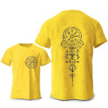 Men's grey cotton T-shirt with a detailed printed Viking compass and rune design on the chest.