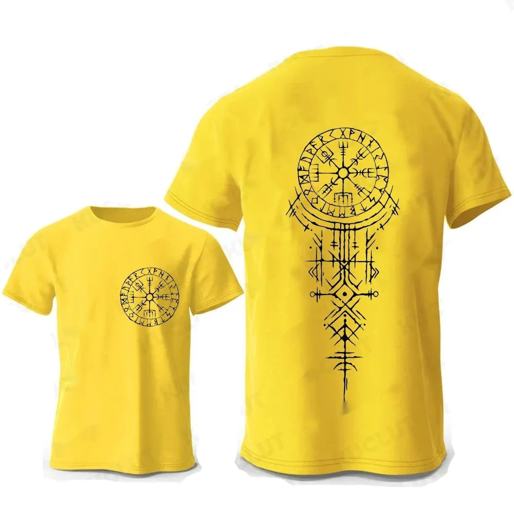 Men's grey cotton T-shirt with a detailed printed Viking compass and rune design on the chest.