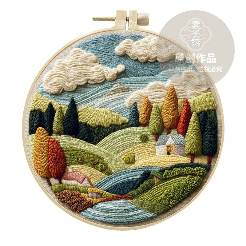 Landscape embroidery DIY kit with cotton fabric, threads, needles and bamboo frame