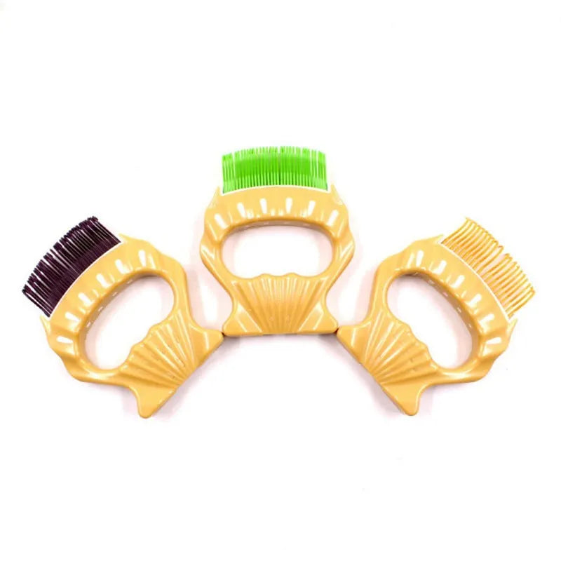 Green shell-shaped pet grooming brush with bent wire bristles and a plastic anti-slip handle.