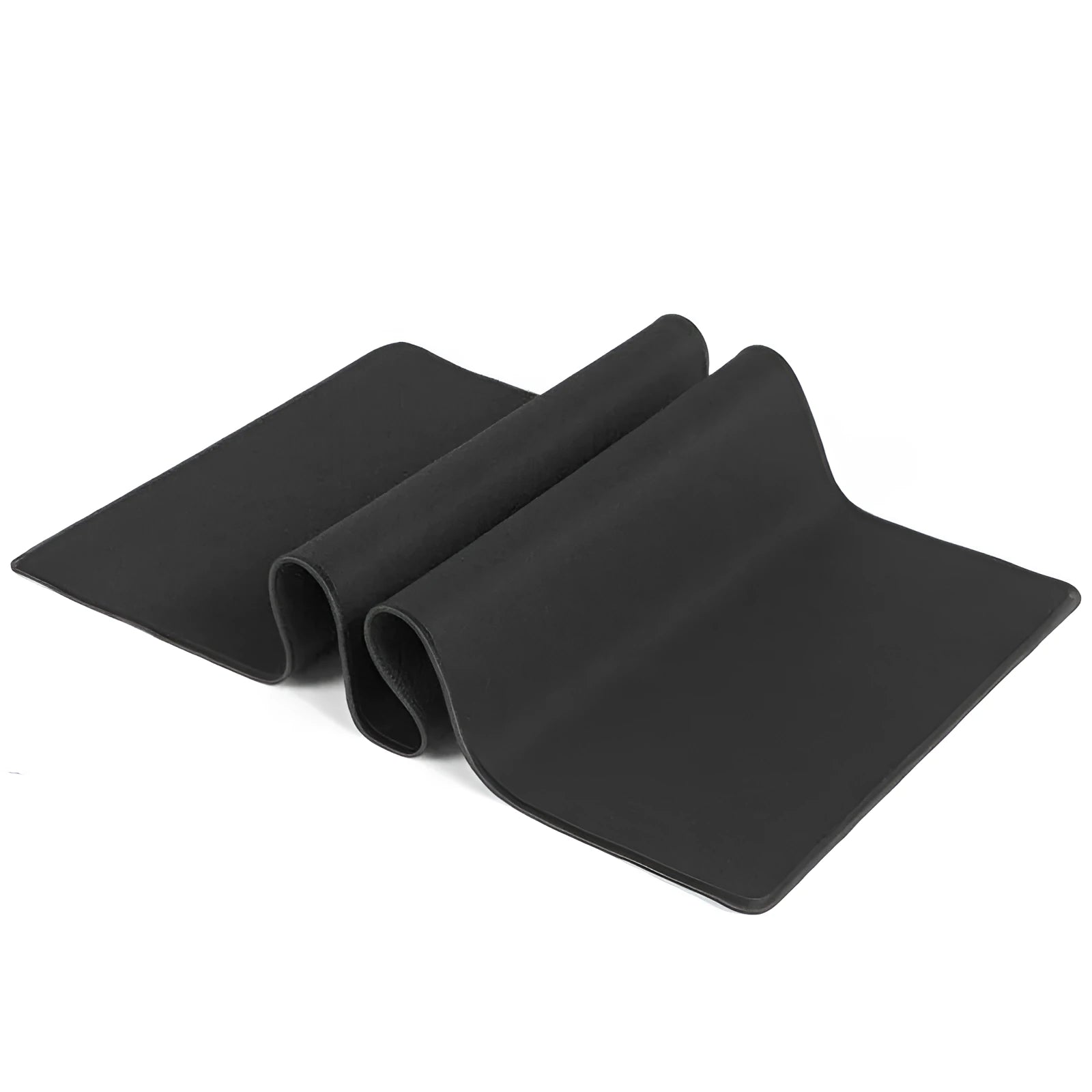 Solid colour black extra long overlock mouse pad on desk with keyboard and mouse