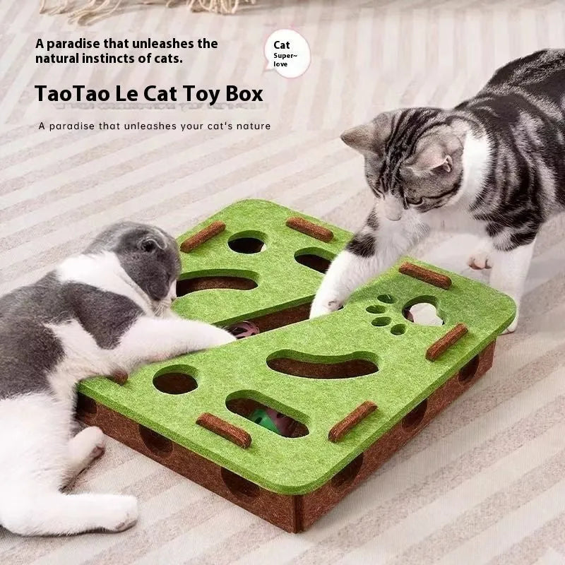 Square green brown felt cat toy box with a round hole in the centre.