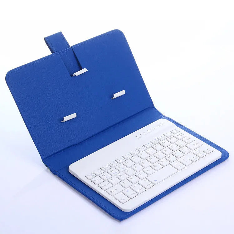 Bluetooth keyboard holster in black with phone inserted, showing stand function and keyboard layout