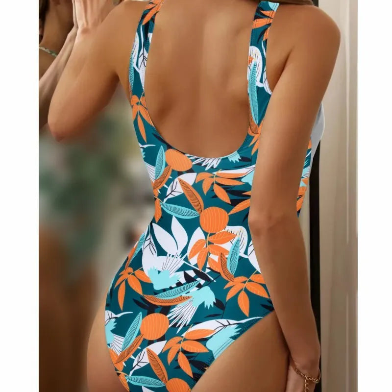 Women's high waist one-piece swimsuit in printed black or white pattern with conservative styling