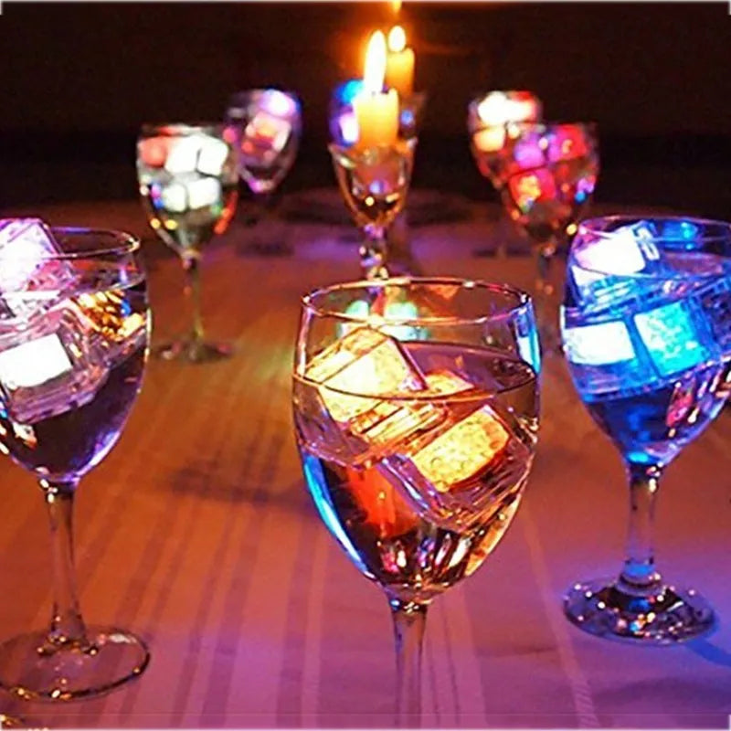 LED light ice cube in a drink, square shape, glowing blue with realistic ice appearance
