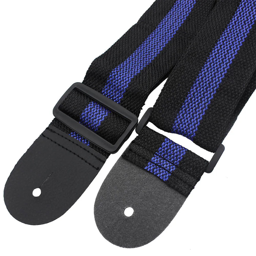 Woven striped crossbody guitar strap shown in multiple colours including army green, dark blue, red, white, and yellow.