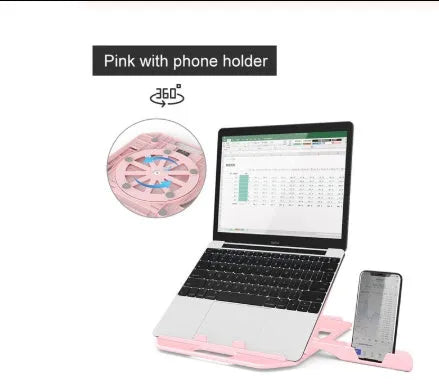 Adjustable folding laptop stand with phone holder in black, 28x28cm, for 11-17 inch notebook