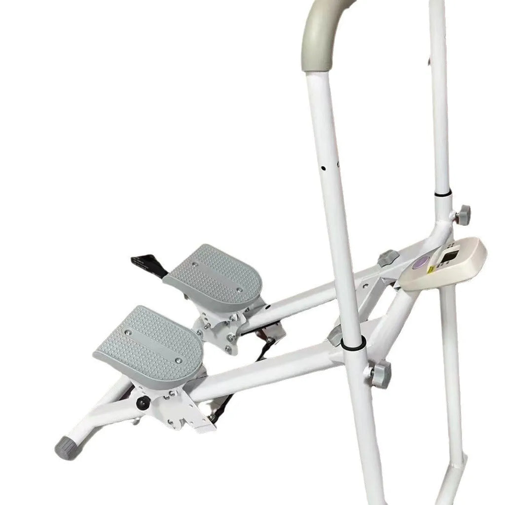 White foldable treadmill with integrated climbing frame for home fitness