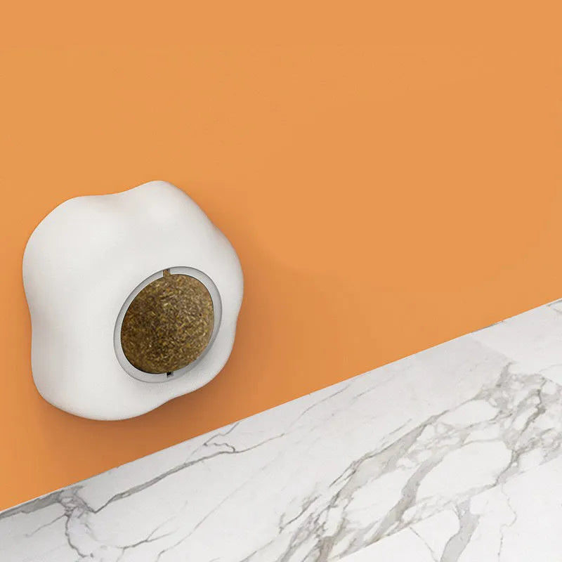 Interactive catnip ball toy stuck to wall with cat playing, showing fried egg and poached egg shape options