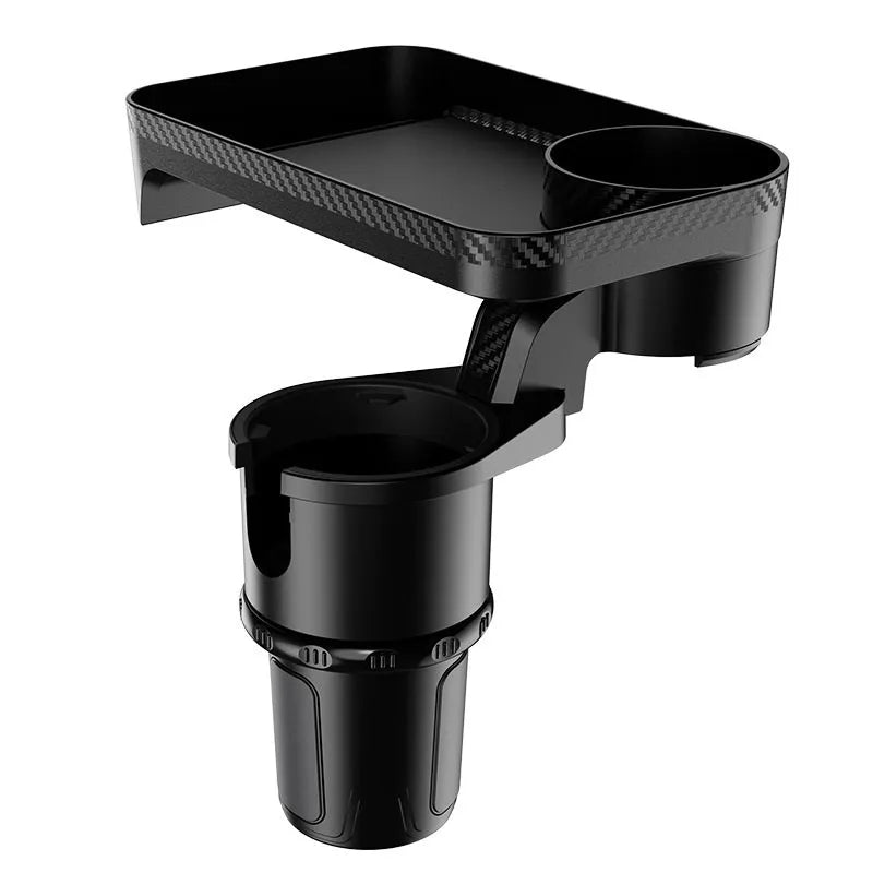 Black ABS plastic car cup holder dinner tray shown rotating, with plate secured.
