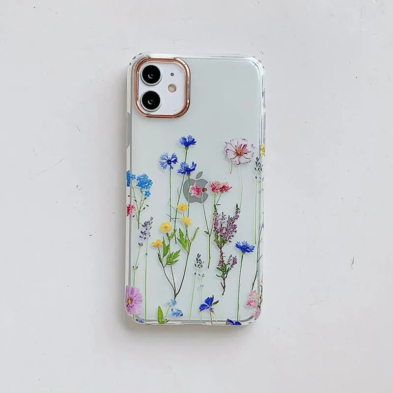 Fresh flowers and grass fashion TPU phone case for iPhone, back cover style with fall protection, flower pattern