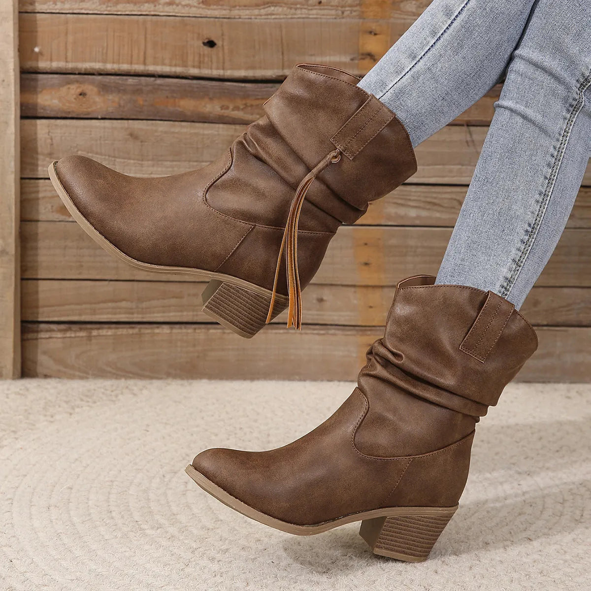 Retro tassel boots winter thick square heel mid-calf knight western woman dark brown faux leather