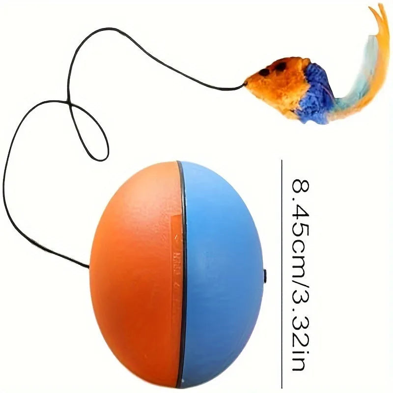 Interactive cat toy ball with plush mouse attachment in blue and orange colours