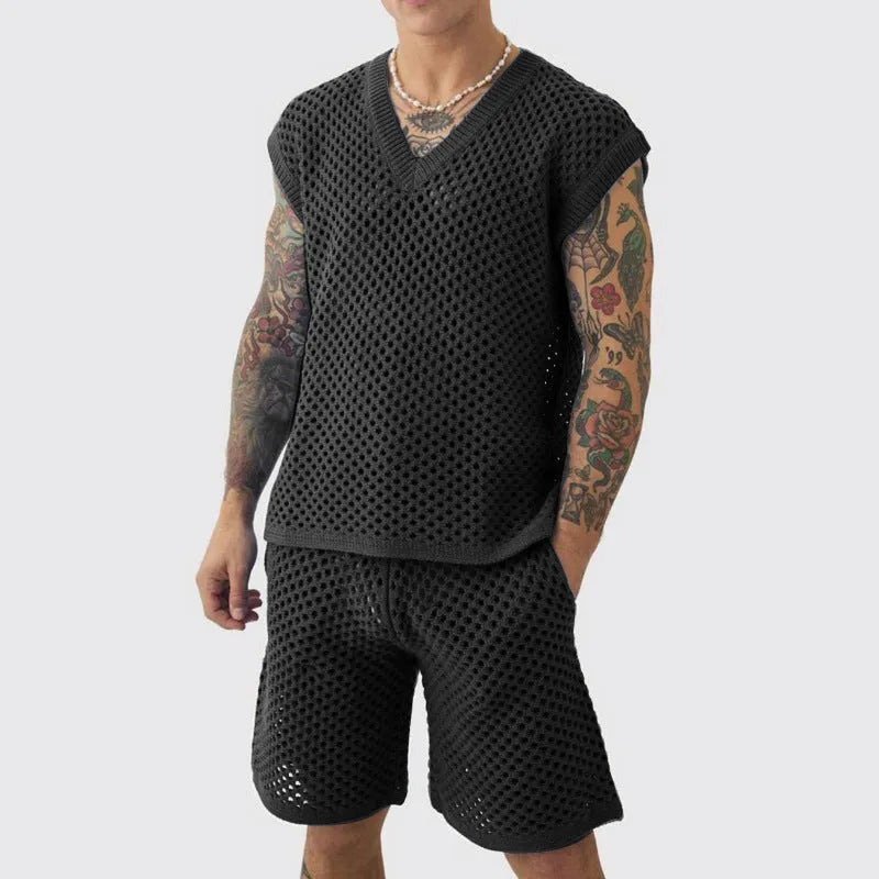 Men's blue V-neck sleeveless vest and matching shorts summer sports suit