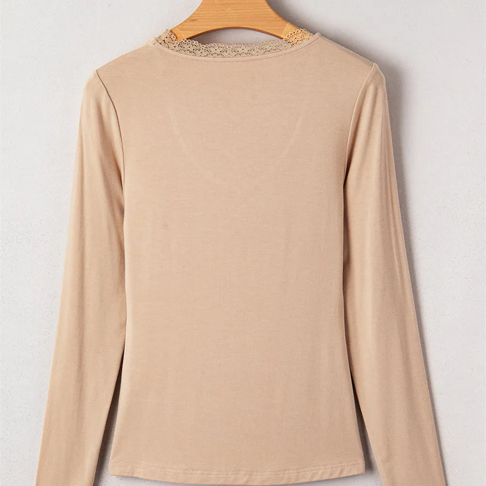 Red women's long sleeve casual top with lace trim hem in slim fit Japanese-Korean style