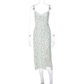 Womens blue lace flowers print long dress with side slit and black suspender straps.