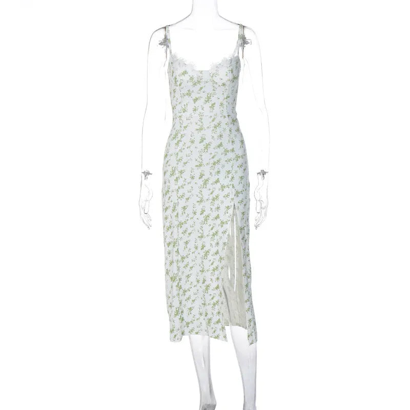 Womens blue lace flowers print long dress with side slit and black suspender straps.