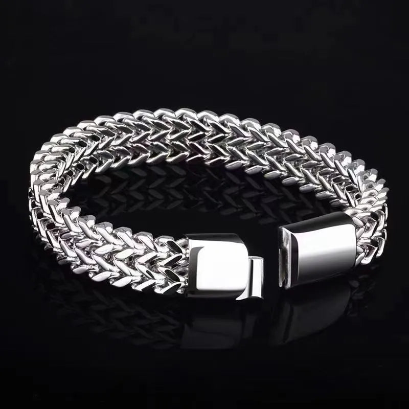 Men's silver stainless steel geometric bracelet with 4x8mm or 5x10mm bead options