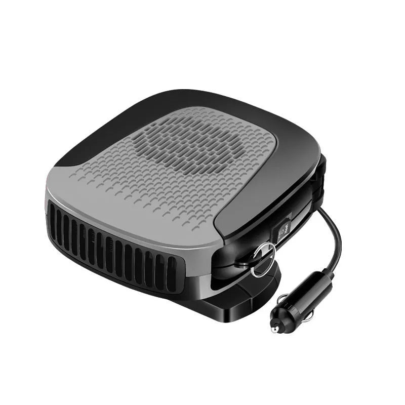 Grey 12V electric air heater for car with cold and warm settings, 150W, ABS housing, and adhesive fixing