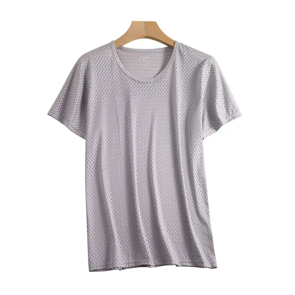 Men's black ice silk short sleeve T-shirt with crew neck and loose thin mesh fabric