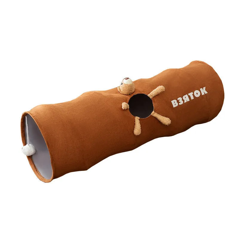 Foldable cat tunnel in brown bear colour, straight shape, made from polyester taffeta, small 0.8m size