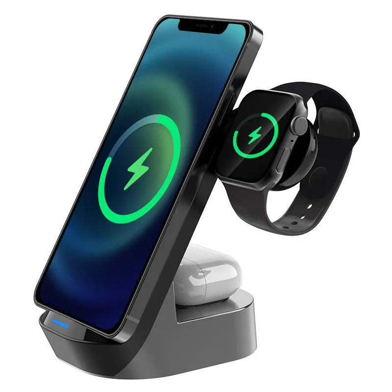Black grey foldable 3-in-1 wireless charging vertical stand for phone watch and earbuds