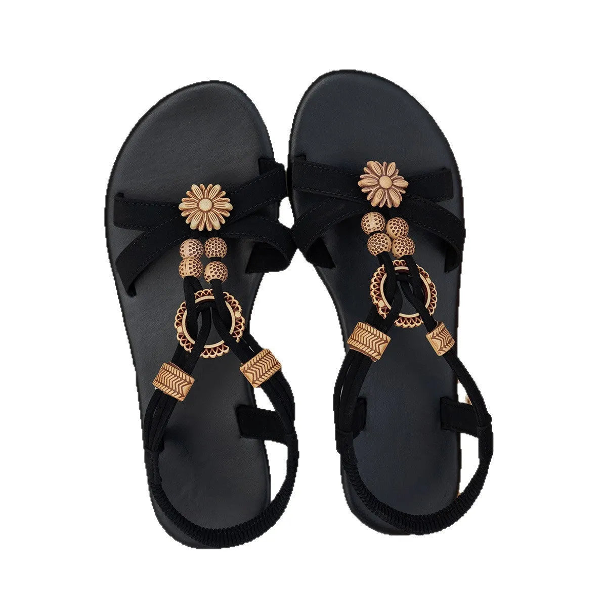 Black women's ethnic style flat sandals with beaded weave pattern and open toe design