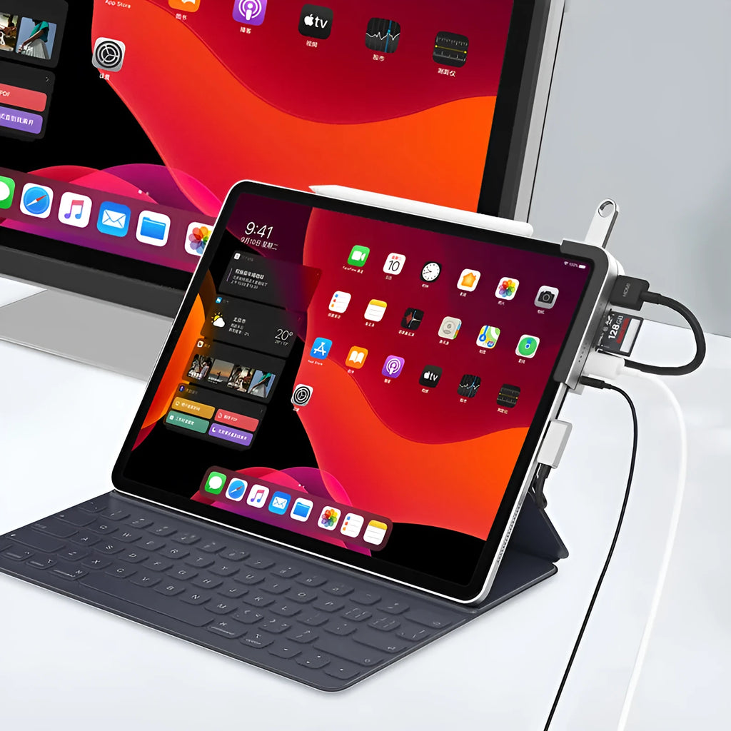 Silver aluminium grey USB-C docking station for iPad Pro with HDMI, USB, and SD card ports