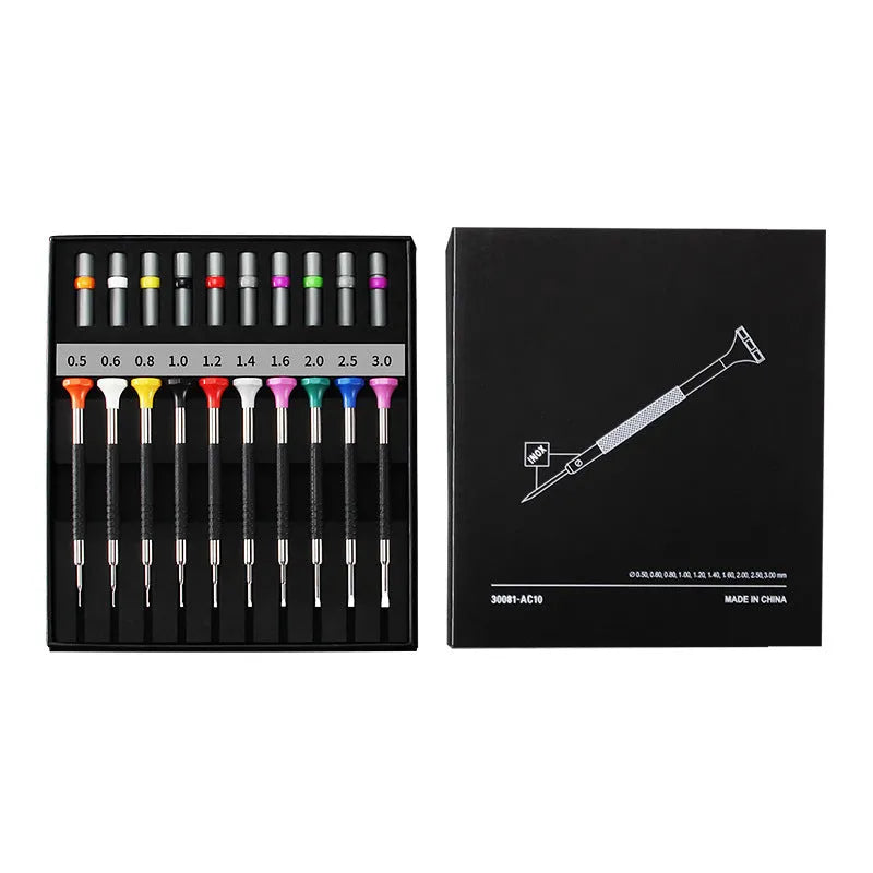 10-piece precision screwdriver set with 20 spare bits for watch and glasses repair