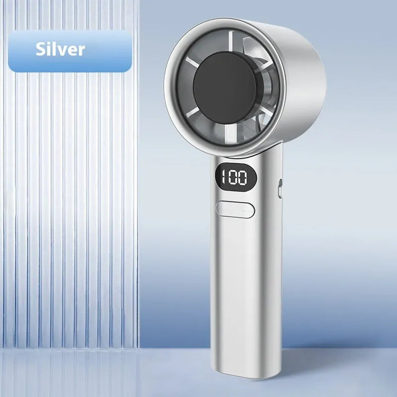 Handheld USB fan with variable speed control showing colour options: green, khaki, silver and white
