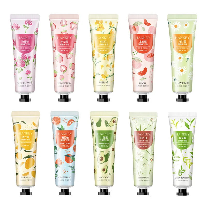 30g tube of fruit-scented hand cream with multiple fragrance options for dry skin care