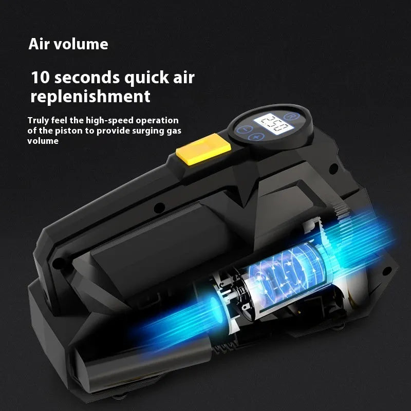 Black vehicle tyre inflator with digital display and ABS housing for 12V car socket connection