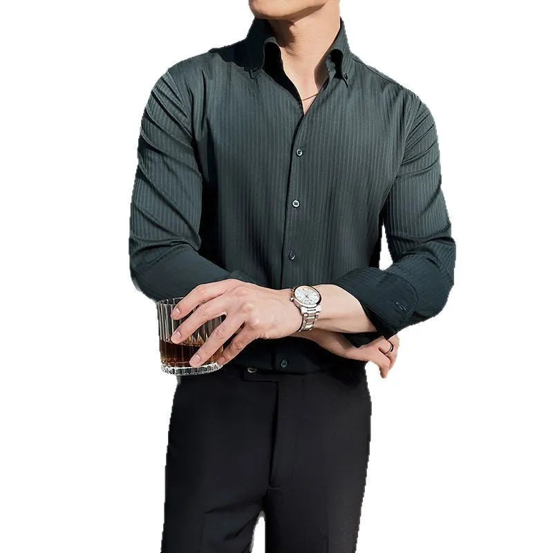 Men's dark stripes V-neck long sleeve casual shirt in polyester blend fabric