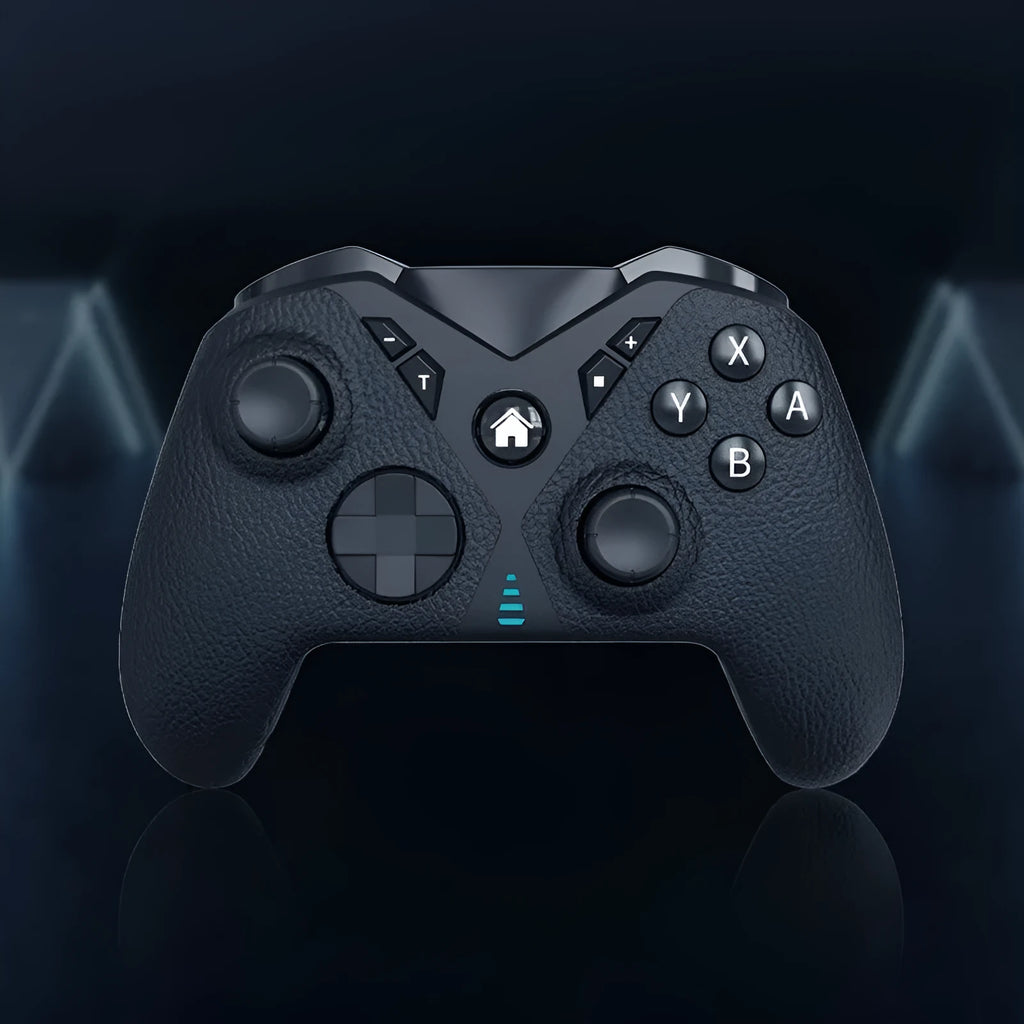 Black wireless game controller with leather-pattern texture on handles for Nintendo computers and mobile phones.