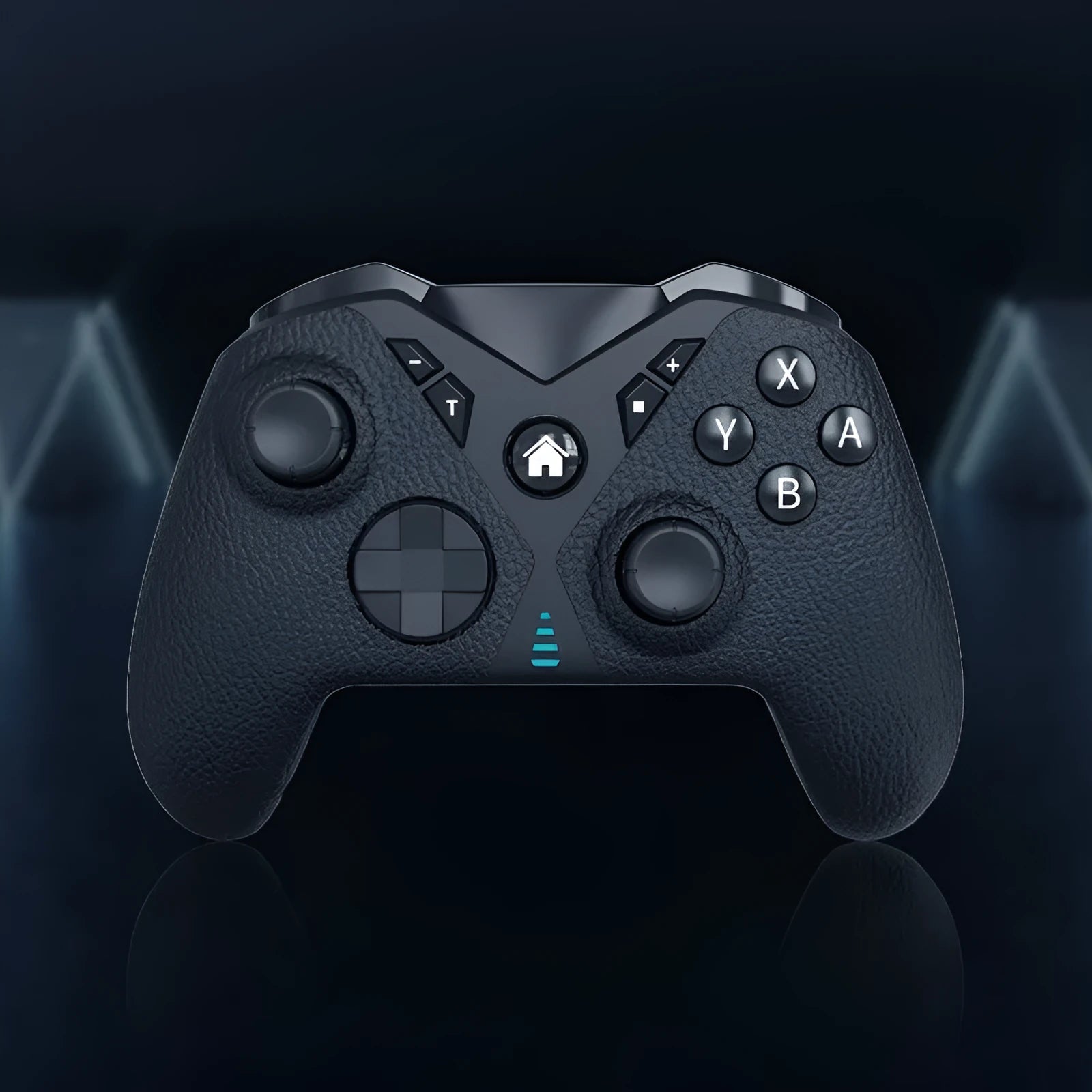 Black wireless game controller with leather-pattern texture on handles for Nintendo computers and mobile phones.