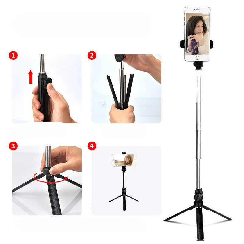 Black Bluetooth tripod selfie stand for iPhone with extended legs and rotating phone clip