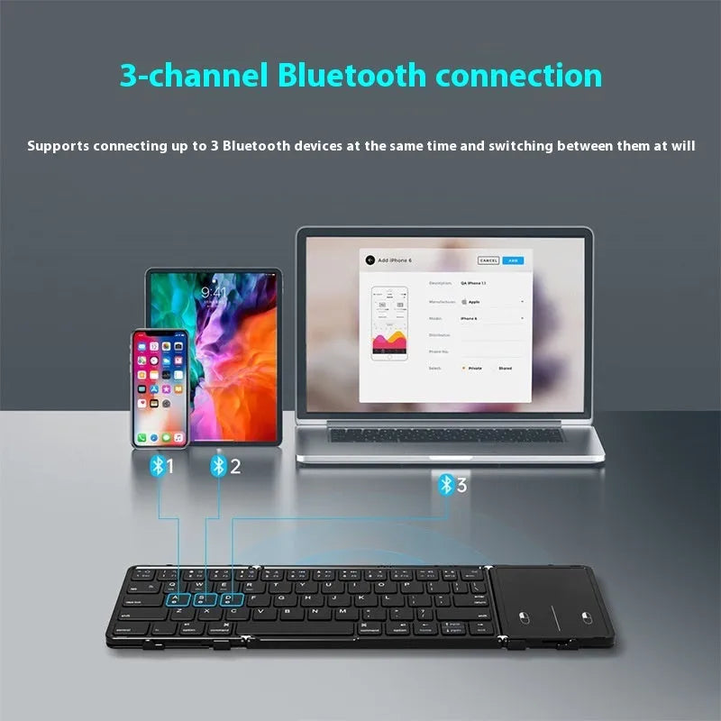 Black folding Bluetooth keyboard for mobile phones and tablets showing touchpad version