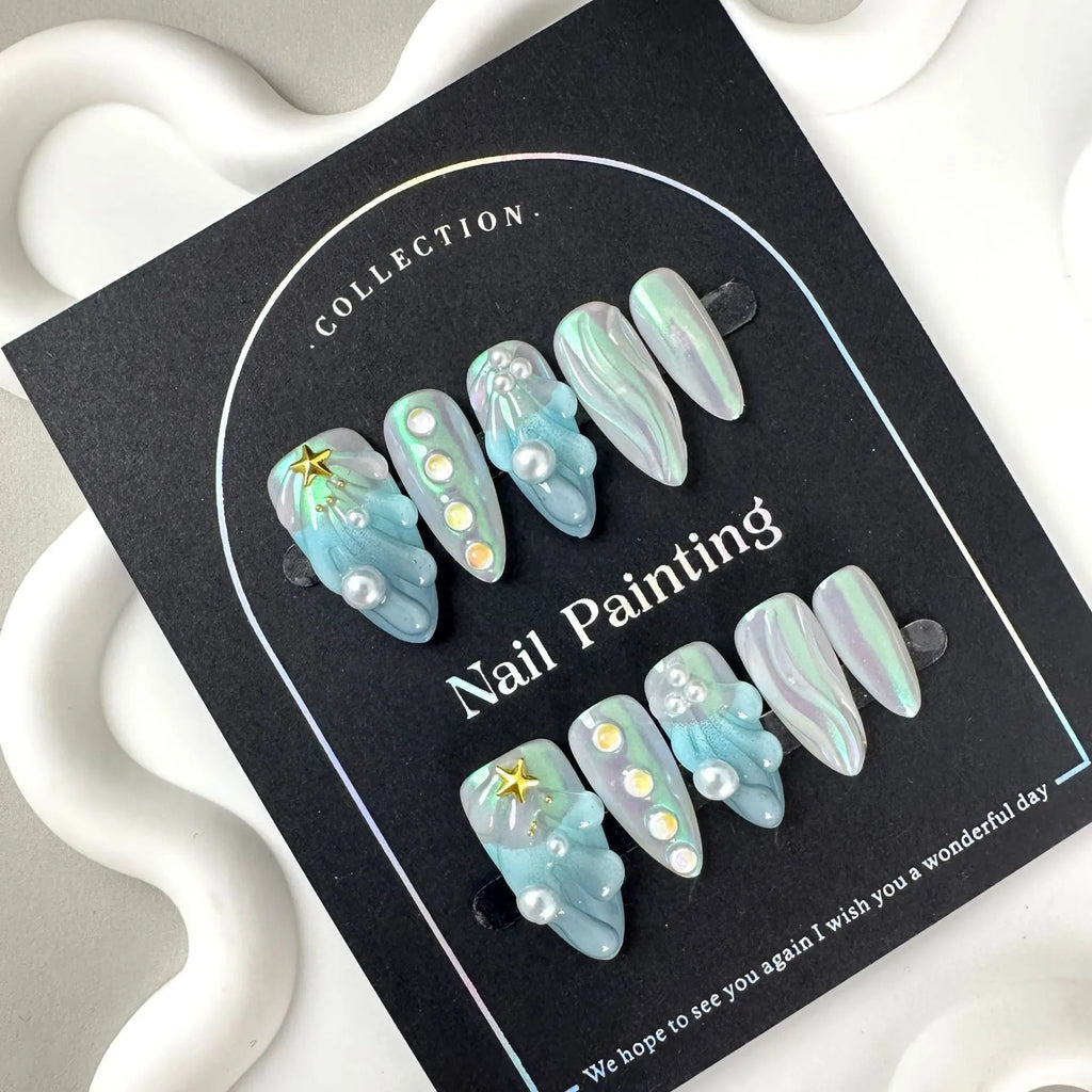 Blue plastic shell nail stickers set with four size options XS S M L