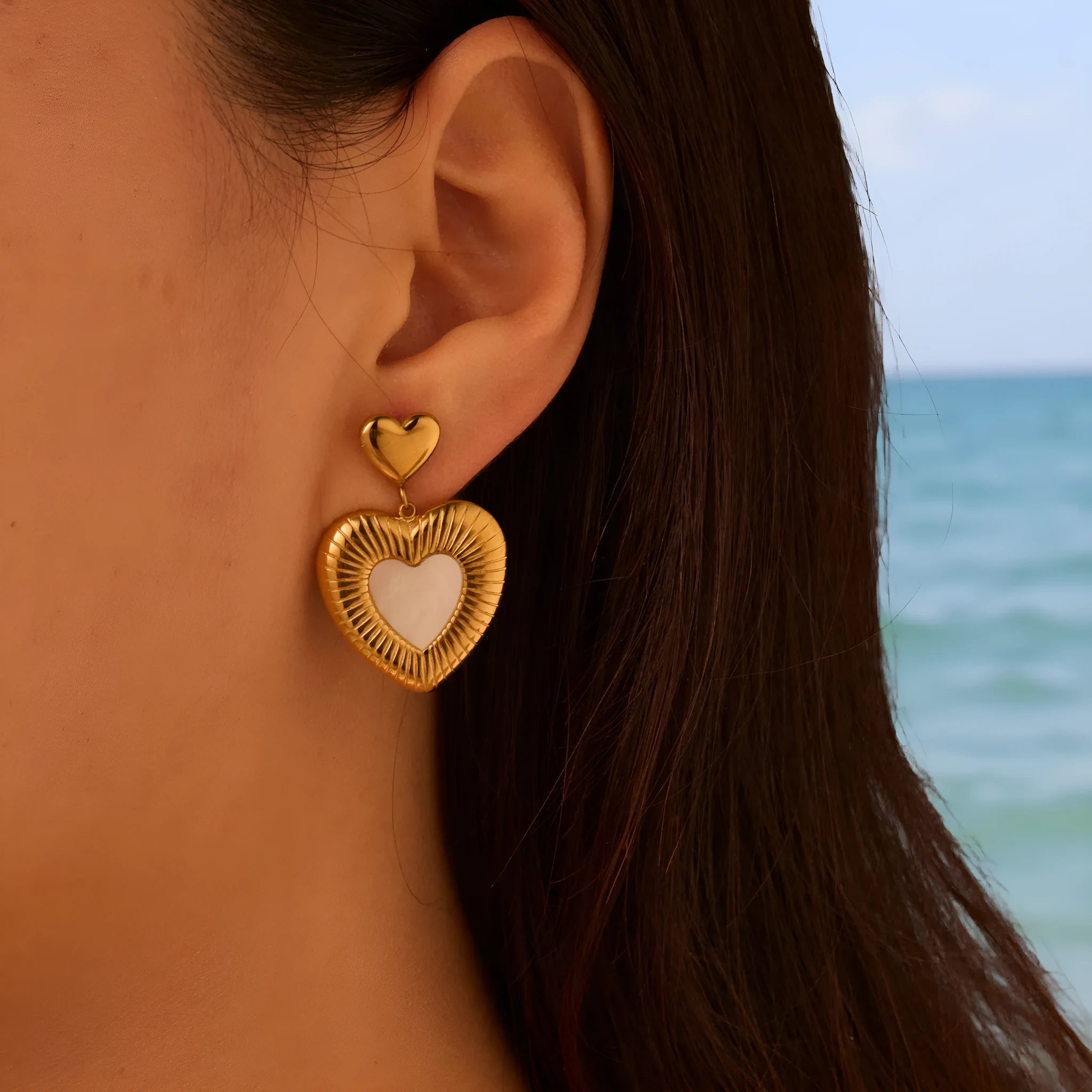Gold heart-shaped stainless steel earrings with 18K electroplating for women