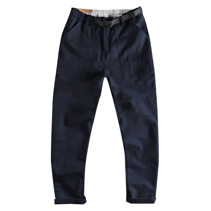 Men's cotton work trousers with buckle belt in khaki colour showing three-dimensional cutting
