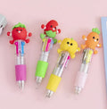 A four-colour press ballpoint pen with a cute cartoon design, showing a bullet-shaped 0.7mm writing tip.