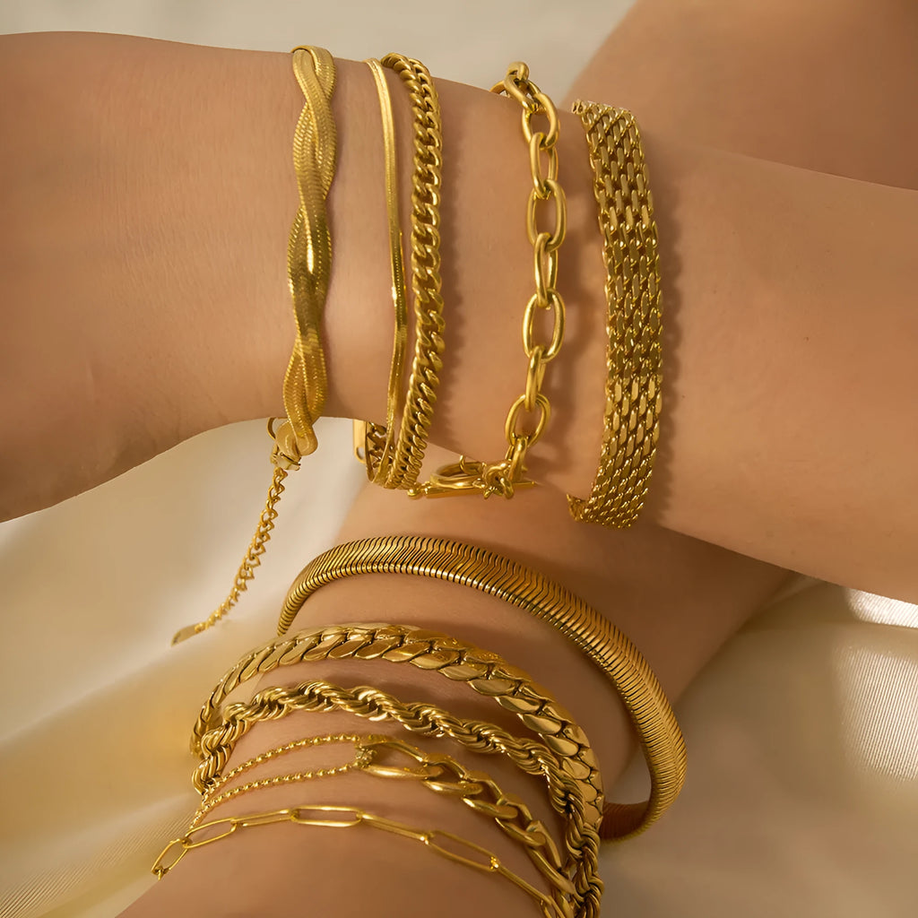 Stainless steel geometric ring bracelet with real gold PVDP finish, unisex, 11 colour options