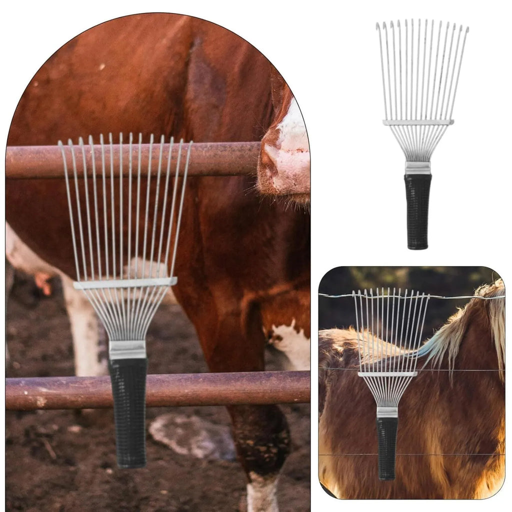 Stainless steel dematting brush rake comb for grooming horses and dogs on a wooden surface