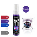 Disposable hair dye spray canister with temporary colour options in blue, grey, pink, purple, red, and white shades