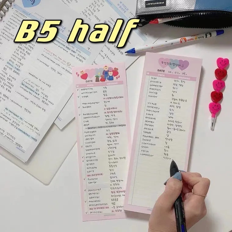 Vertical double-sided B5 half-size notepad for English vocabulary learning in blue, pink, or purple