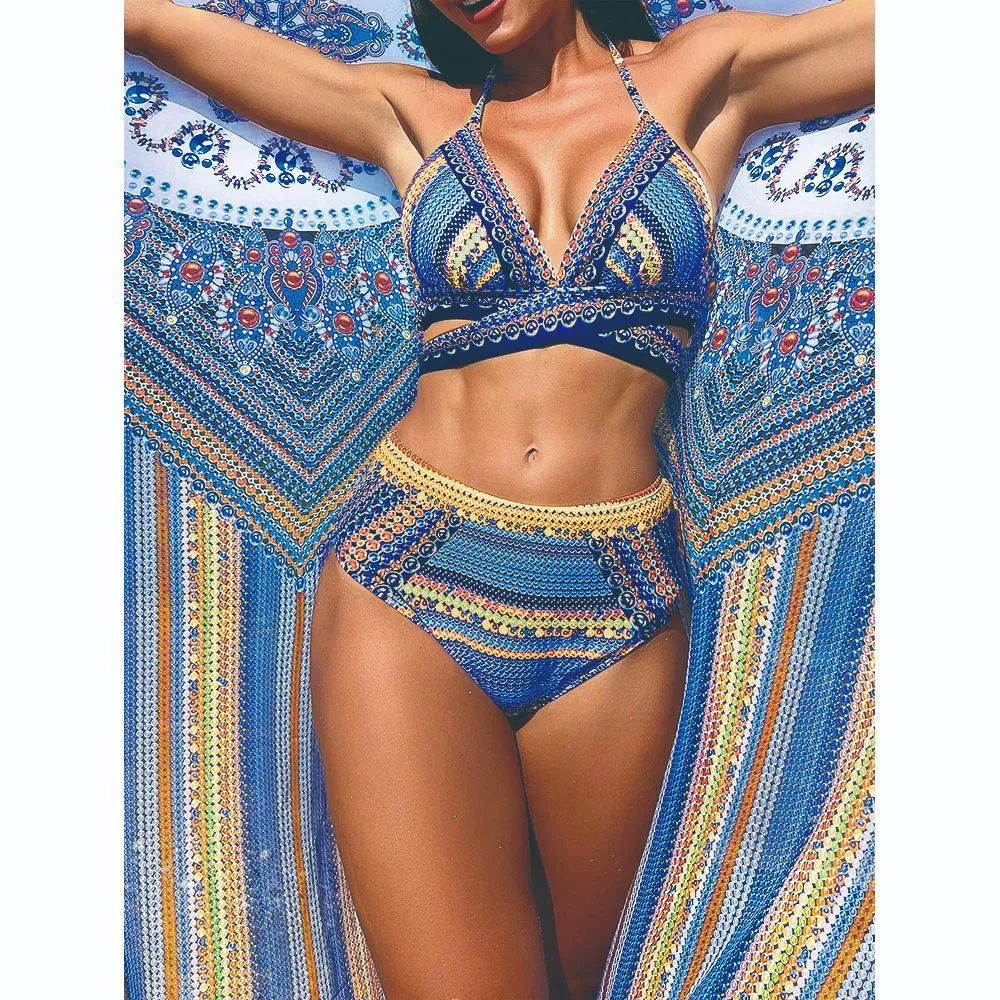 Women's high waist bikini swimsuit with cross bandage design and veils split in three-piece set